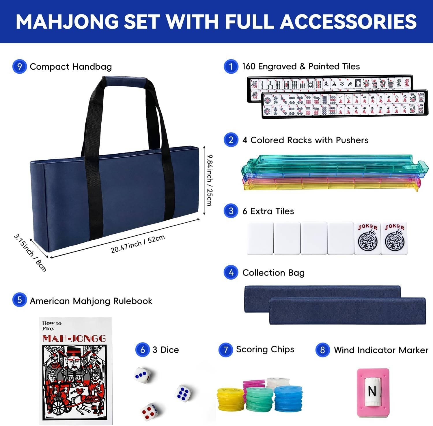 American Mahjong Tile Set, American Mahjong Set Complete with Bag, 166 White …