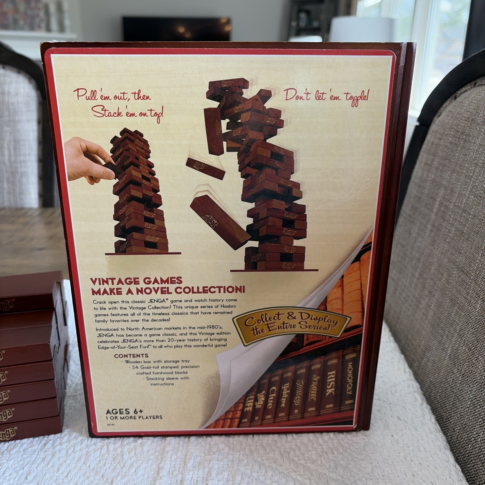 Vintage Collection Jenga Wood Book Box Game Hasbro Parker Bros Game Night