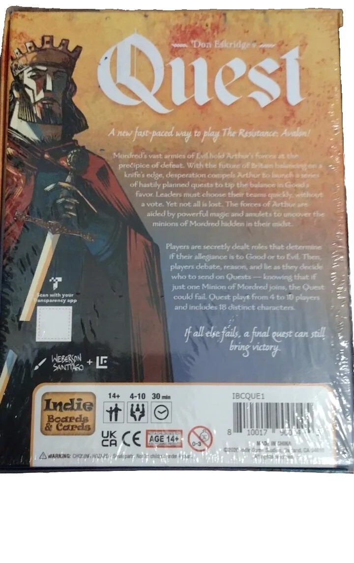 Quest: Role Play Game-Don Eskridge’s Resistance: Avalon NEW Indie Board & Cards