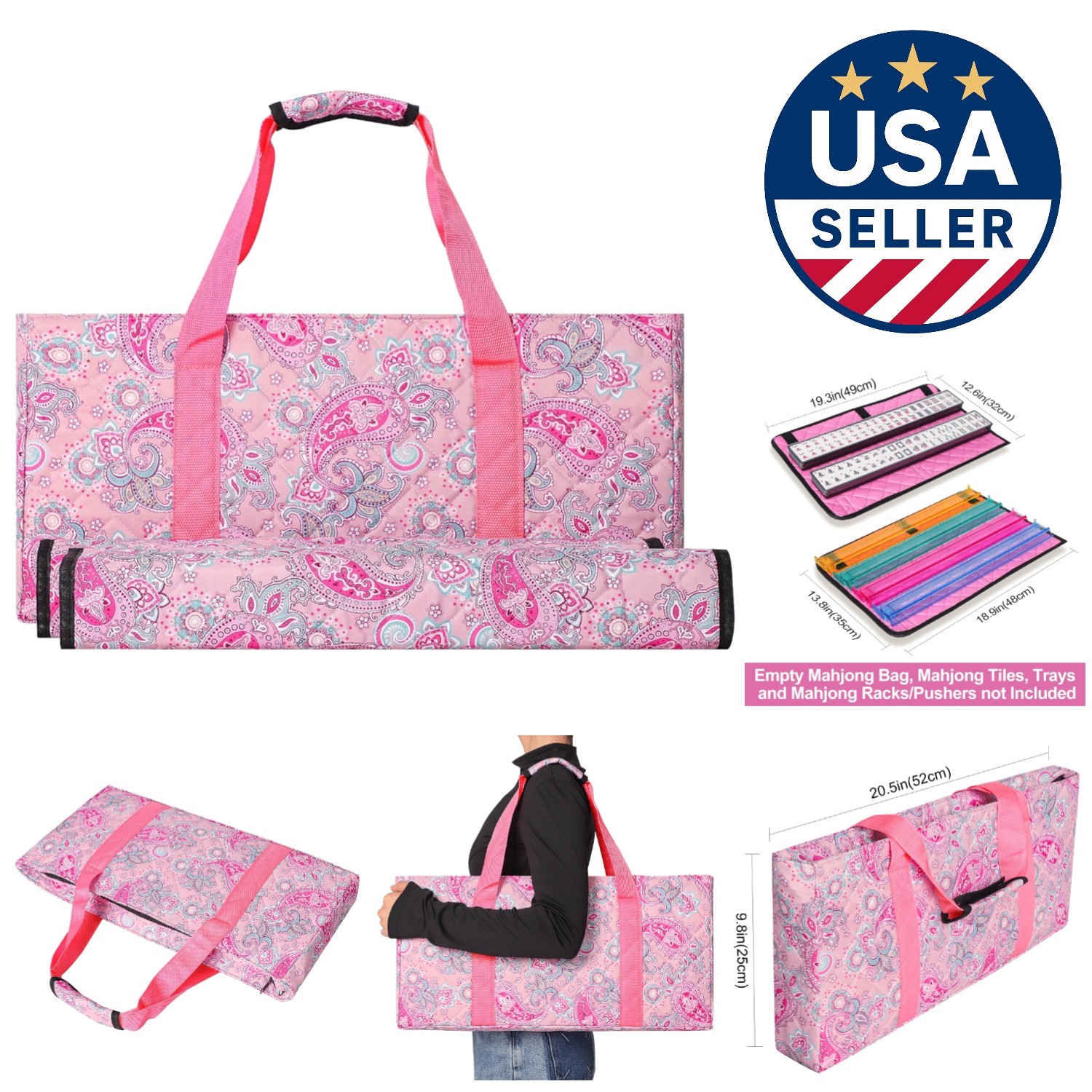 Elegant Pink Printed Mahjong Bag with Two Wrappers – Perfect for Travel