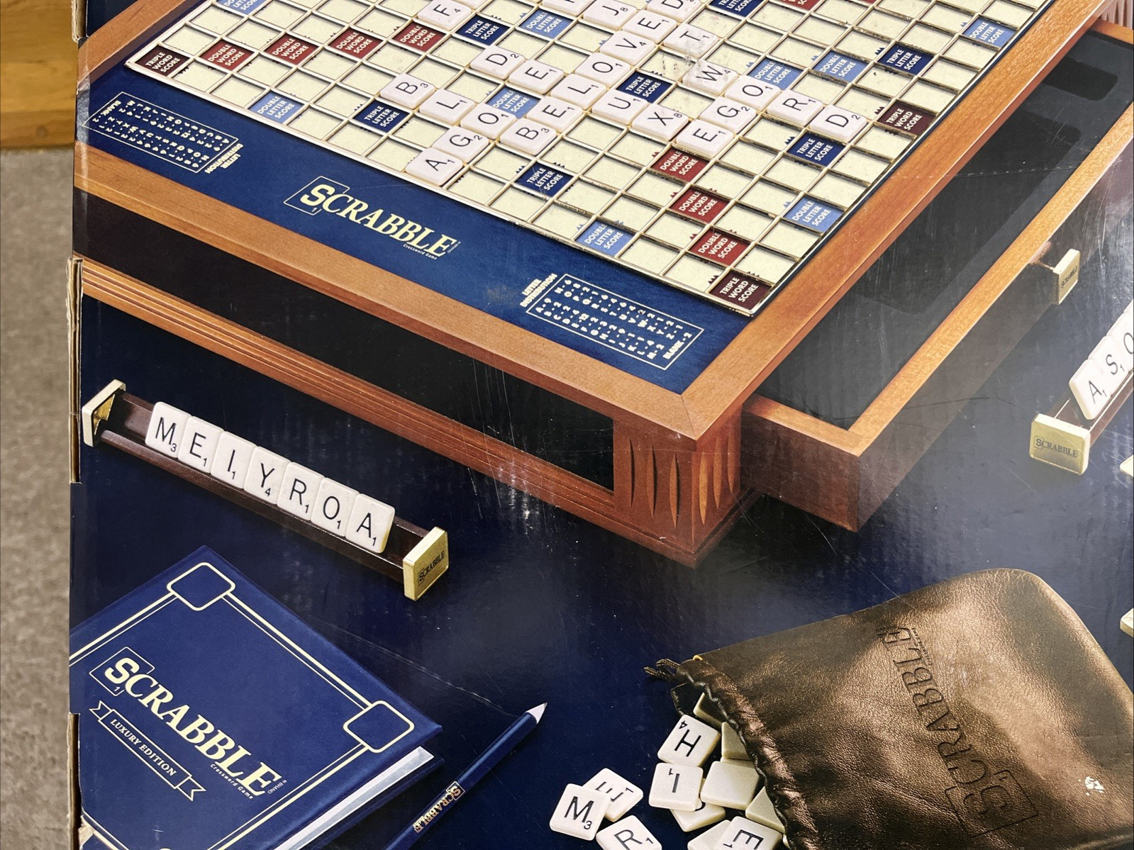 New Scrabble Luxury Edition with Wood Cabinet and Rotating Turntable Game Board