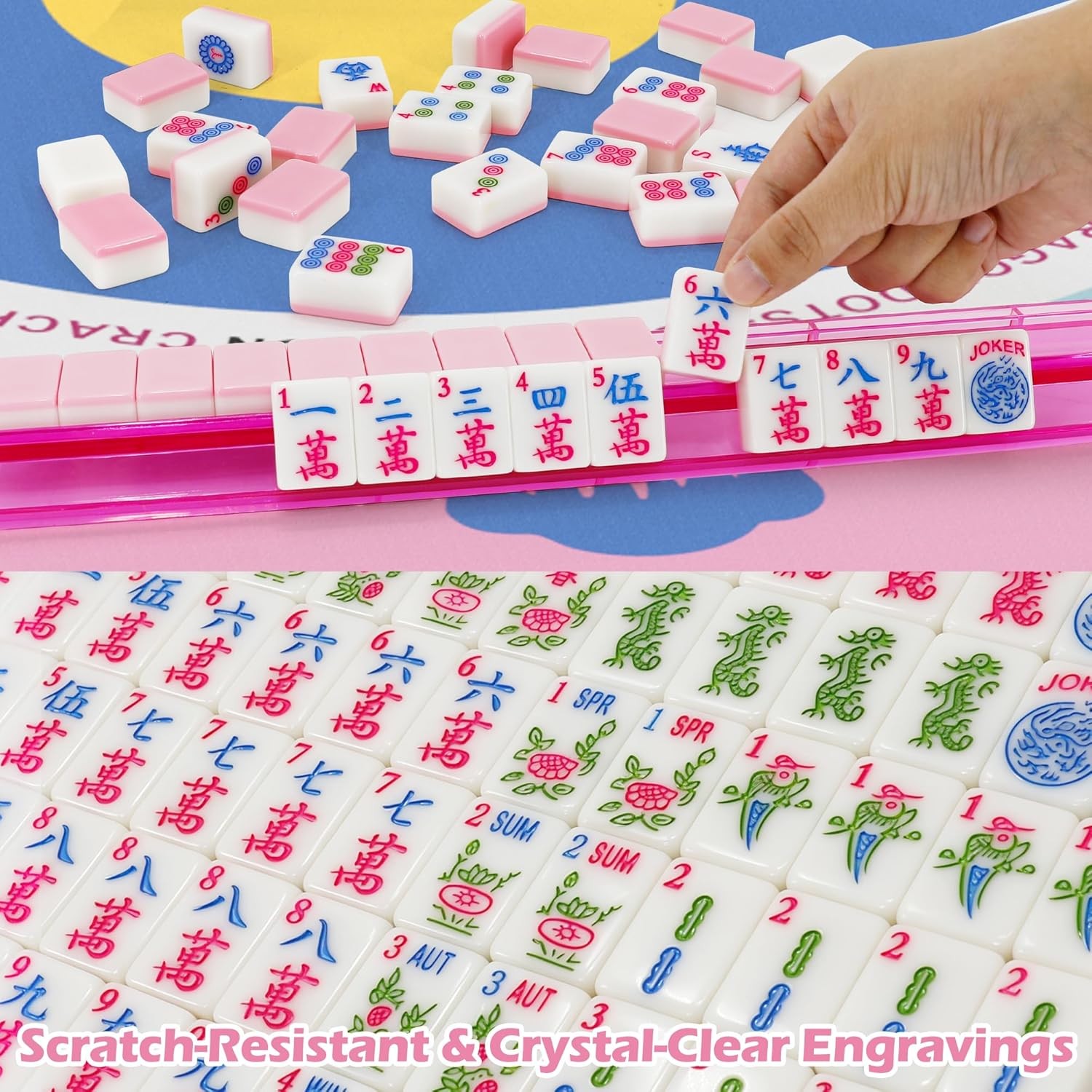 166 Pink American Printed Mahjong Game Set with Carrying Bag and Accessories, 1.
