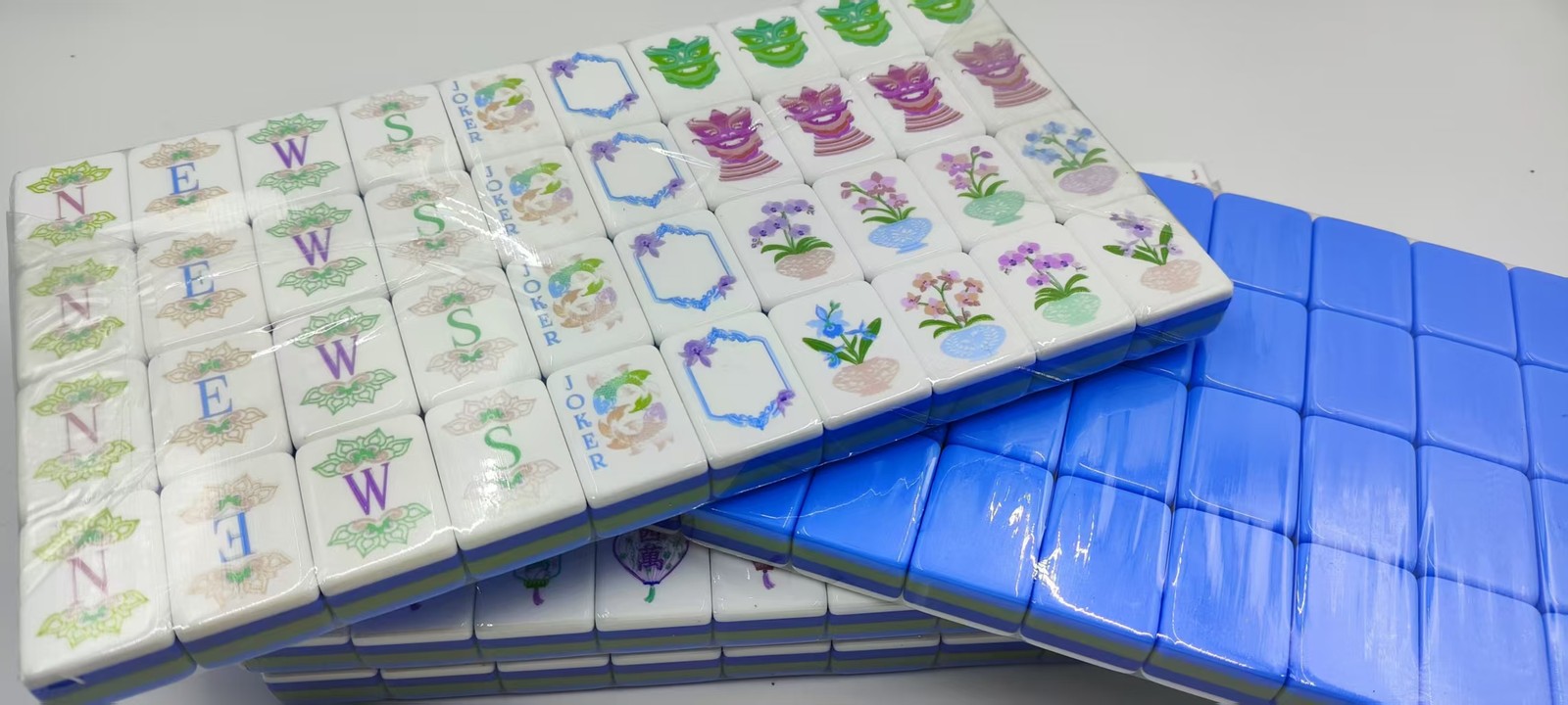 160 American Mahjong Tiles 4-Layer Acrylic Blue Theme Engraved Set/
