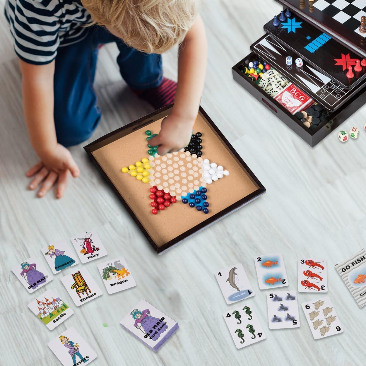 Deluxe 15-in-1 Wooden Board Game Set with Storage Drawer for Family Fun