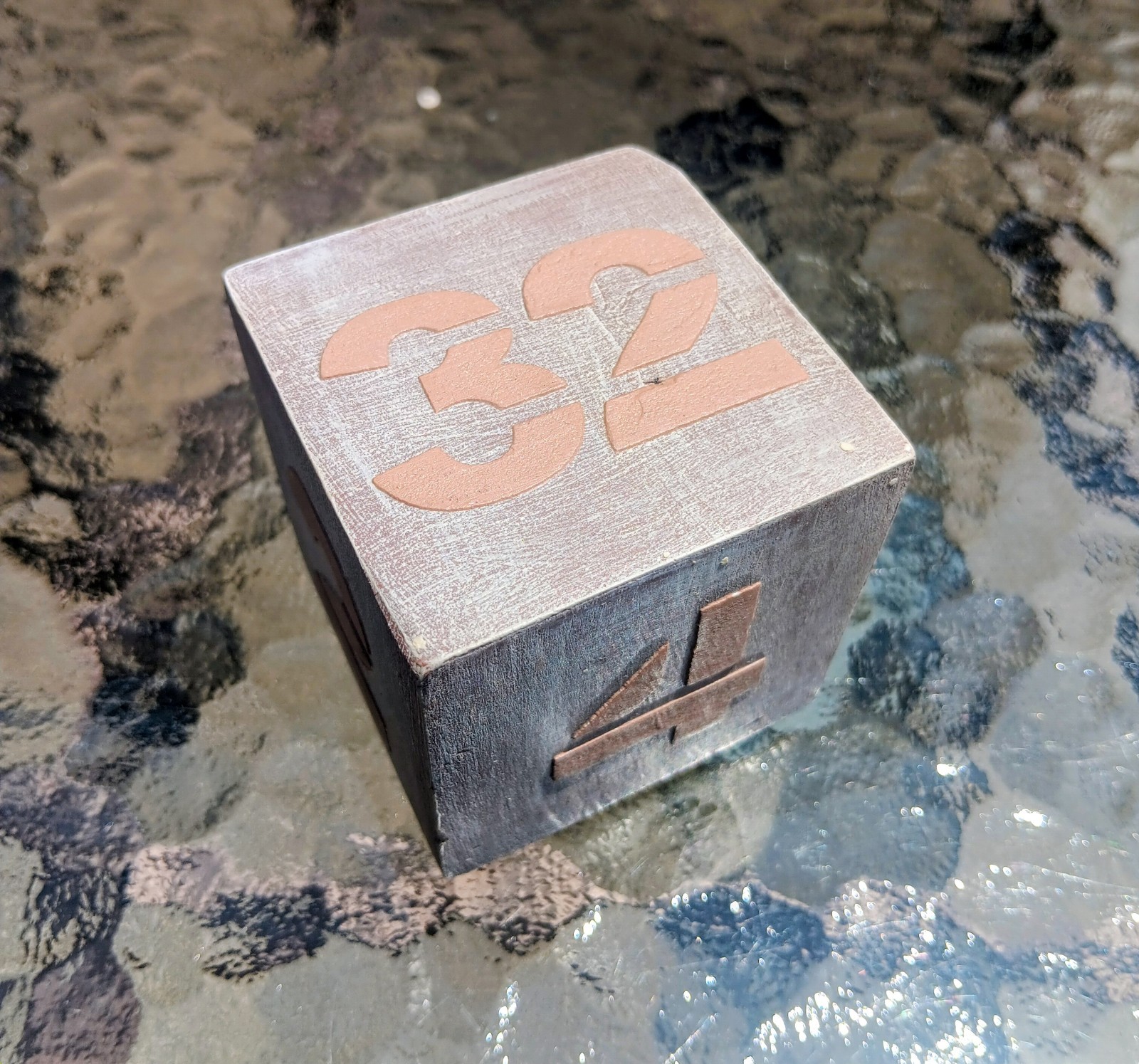 Jumbo 2.25 Inch Vintage Wooden Doubling Cube, Tan On Gray, Rare, Beautiful!