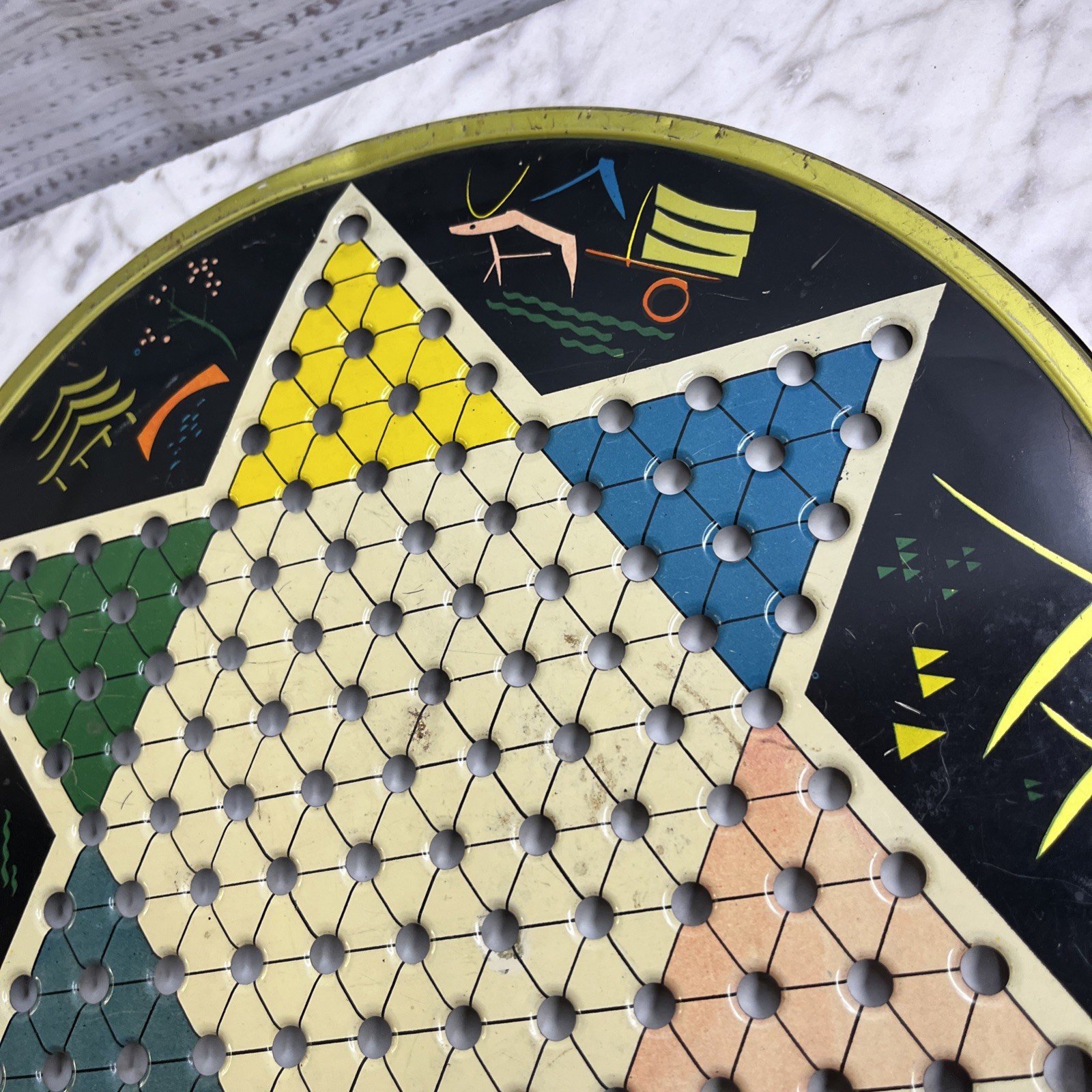 Vintage Pressman Toy Corp Chinese Checker Board Round Metal Multicolor 1153 USA