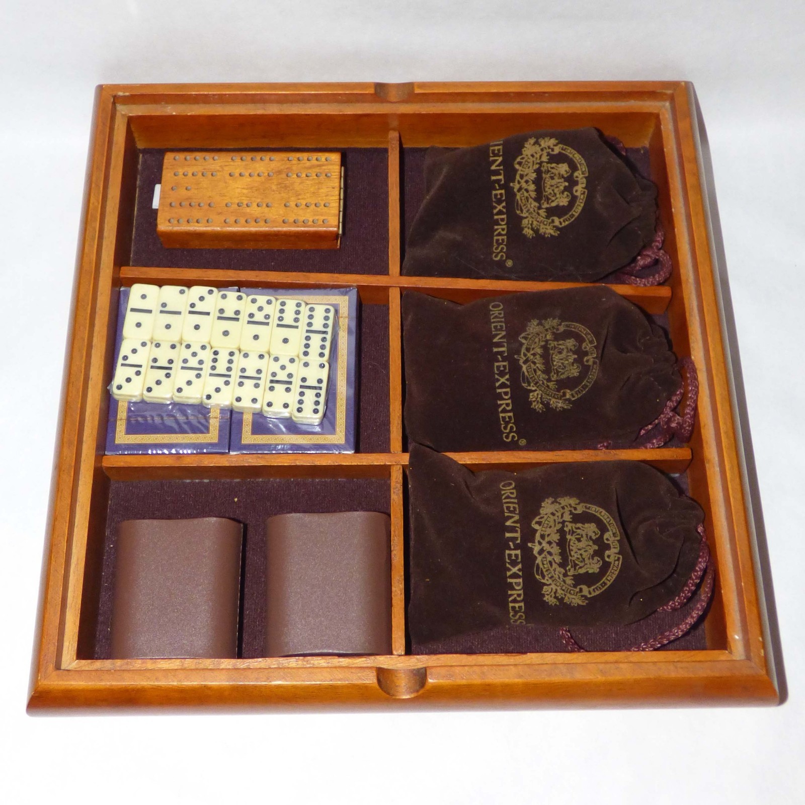 Orient Express Luxury Wood Game Set Chess Backgammon Dominoes Cards Complete