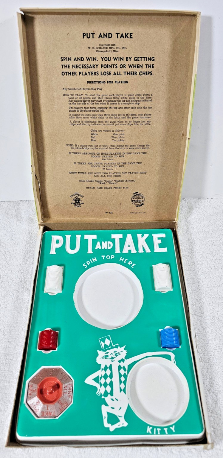 1956 Schaper “Put and Take – The Kitty” Board Game Complete Spinner & Chips VTG