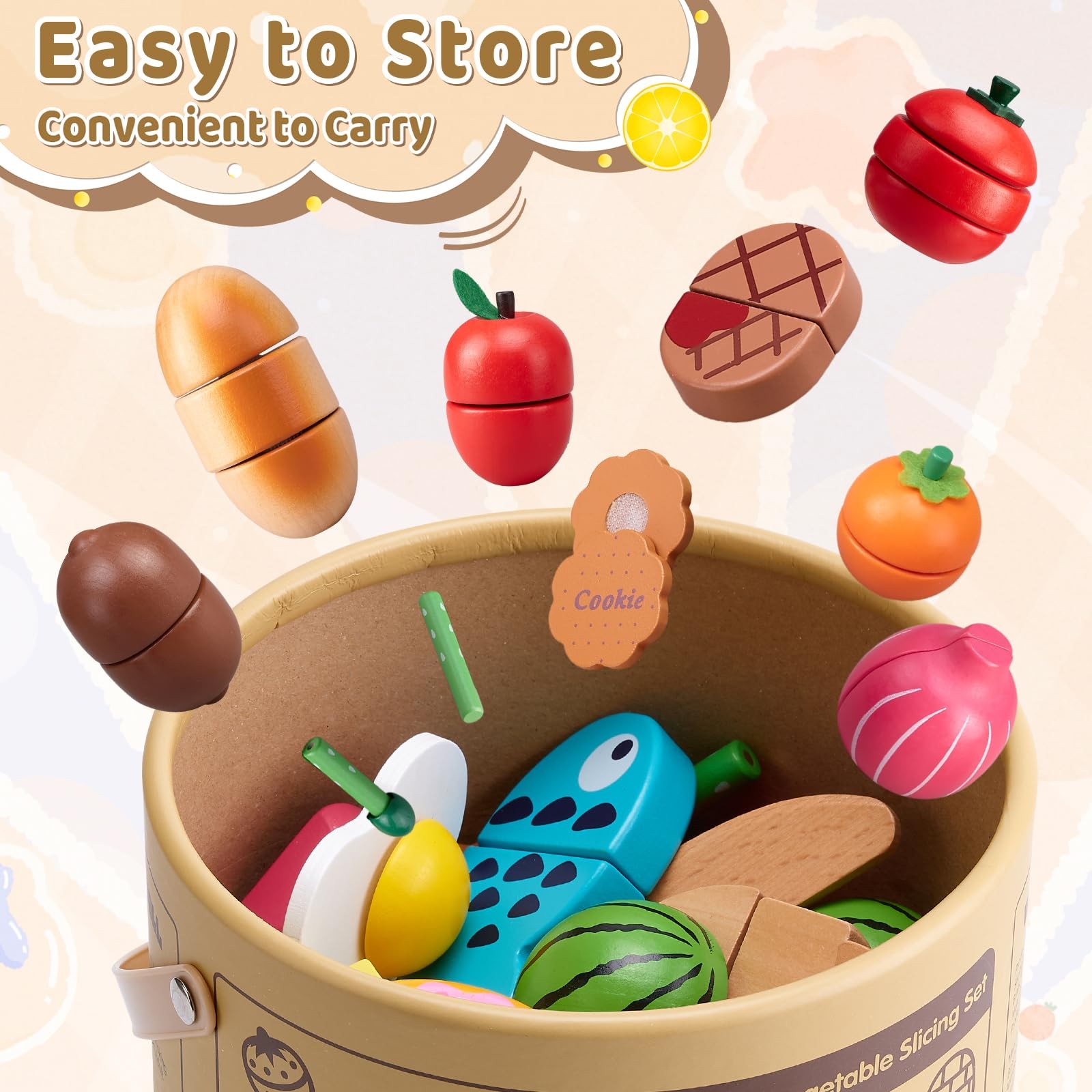 Wooden Play Food Set 45 Pcs Kids Kitchen Fruits Veggies Montessori Toy 3-6 Gift