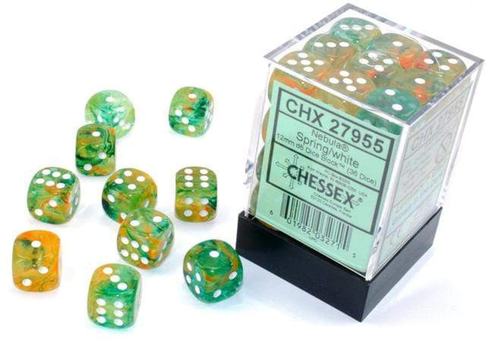 Chessex Nebula 12mm d6 Spring/White w/Luminary Dice Block (36 dice), Green