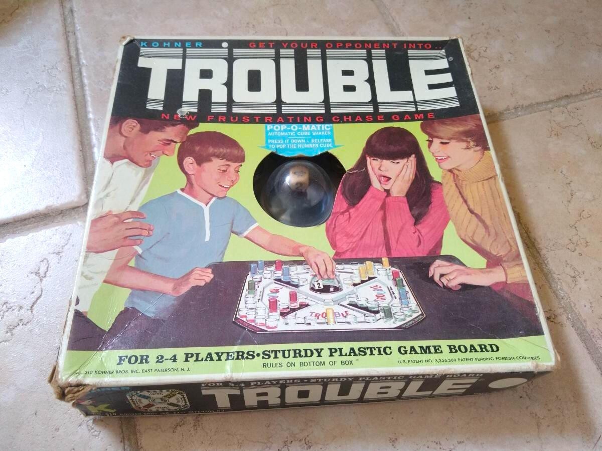 1965 Kohner Trouble Board Game Pop-O-Matic Dice Roller Vintage Classic