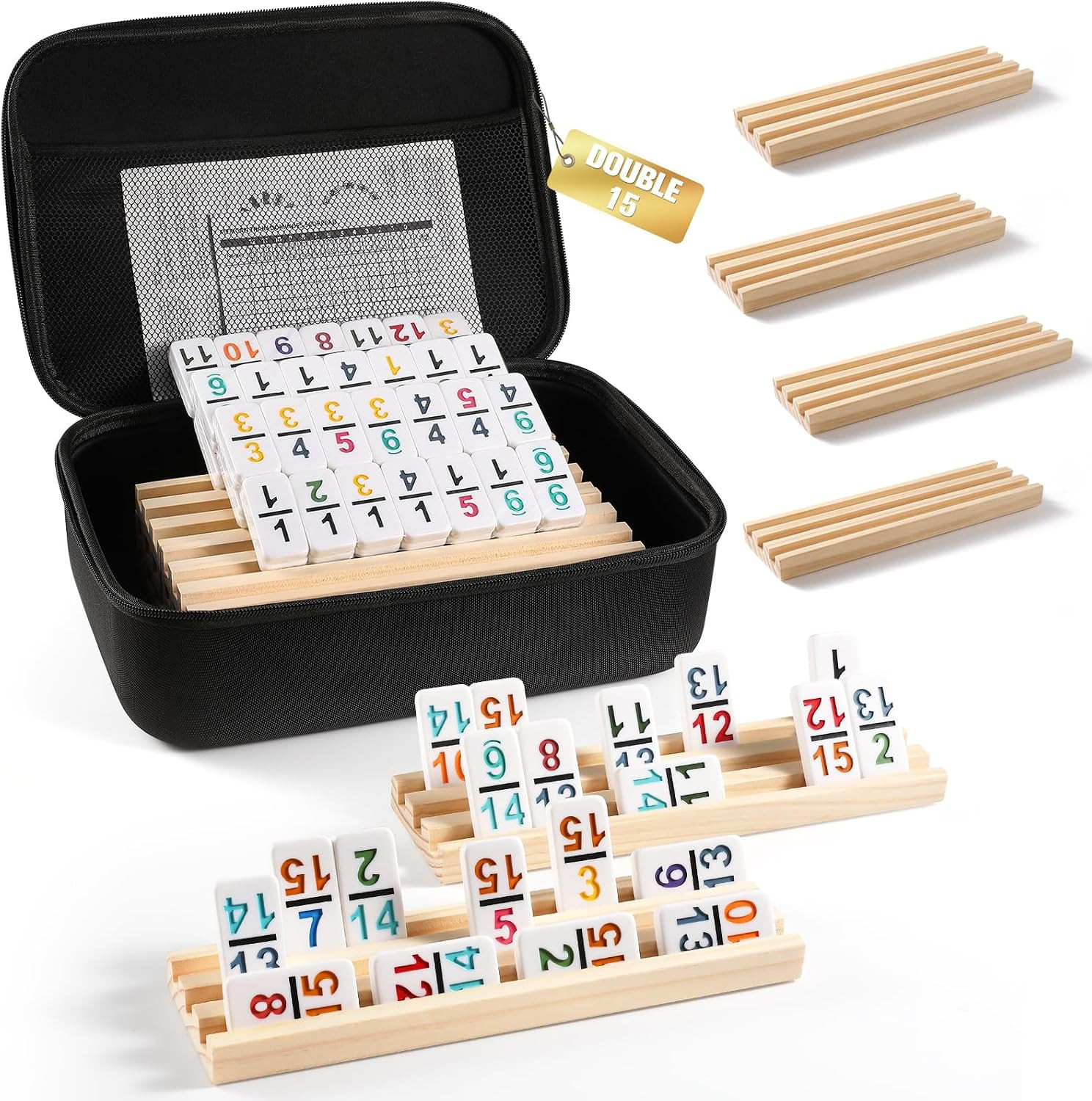 Mexican Train Dominoes Set with Numbers and 8 Wooden Trays/Racks, Double 15 Domi