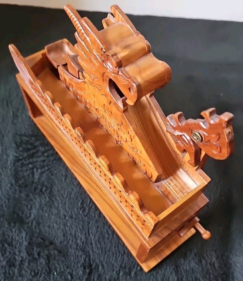 Unique Asian Dragon Themed Handmade Wooden Camshaft Marble Ball Mover Roller Vtg