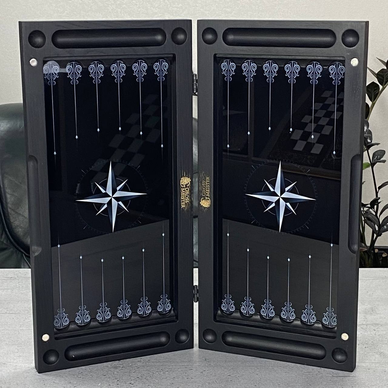 Glass & Wood Backgammon Set with Compass Design, Custom Board Game, 20×10 in