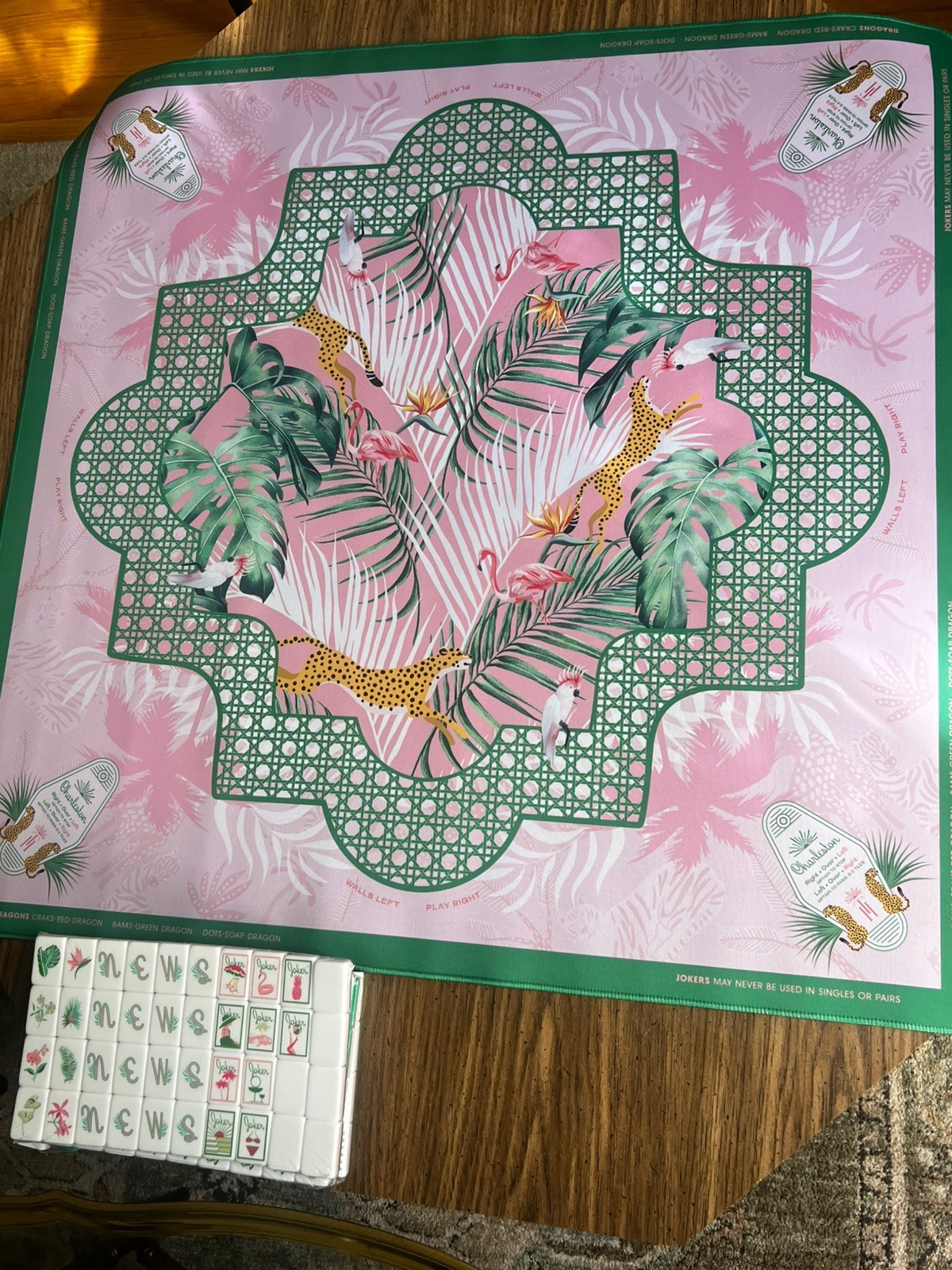 Green and Pink | American Mahjong Tile Set Beachy vibe with Cheetah Palm Mat