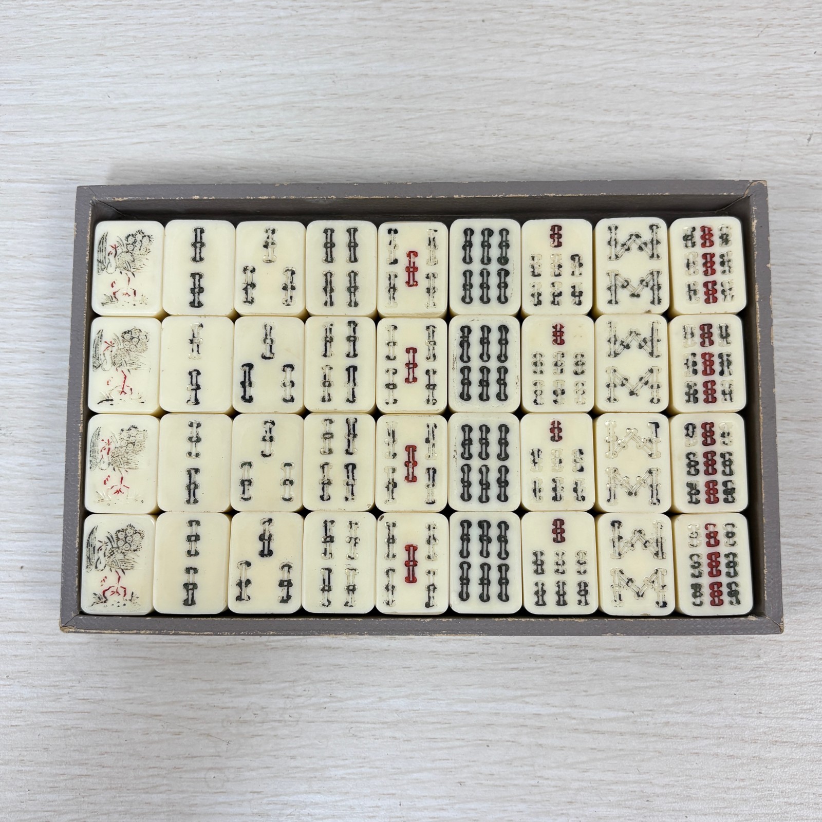 Vintage Japanese Mahjong Tile Set Brown Leather Case 1950s-60s Ivory Tiles AS-IS
