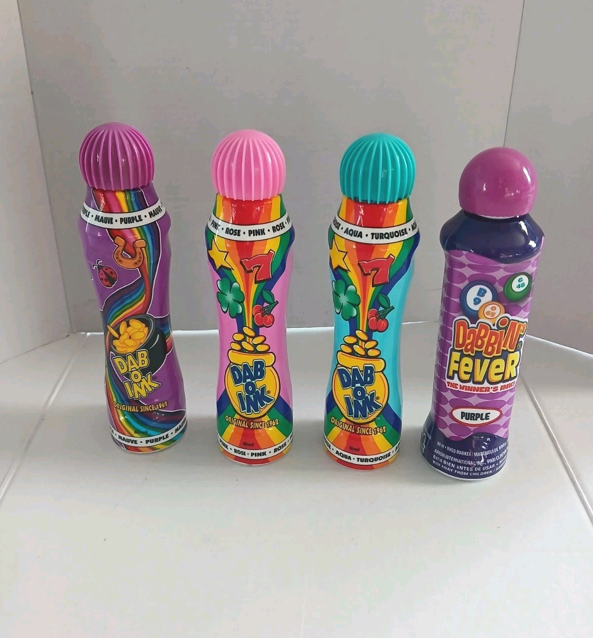 (4) Dab O Ink & Dabbin Fever Bingo Marker Dauber Purple Pink Aqua Used