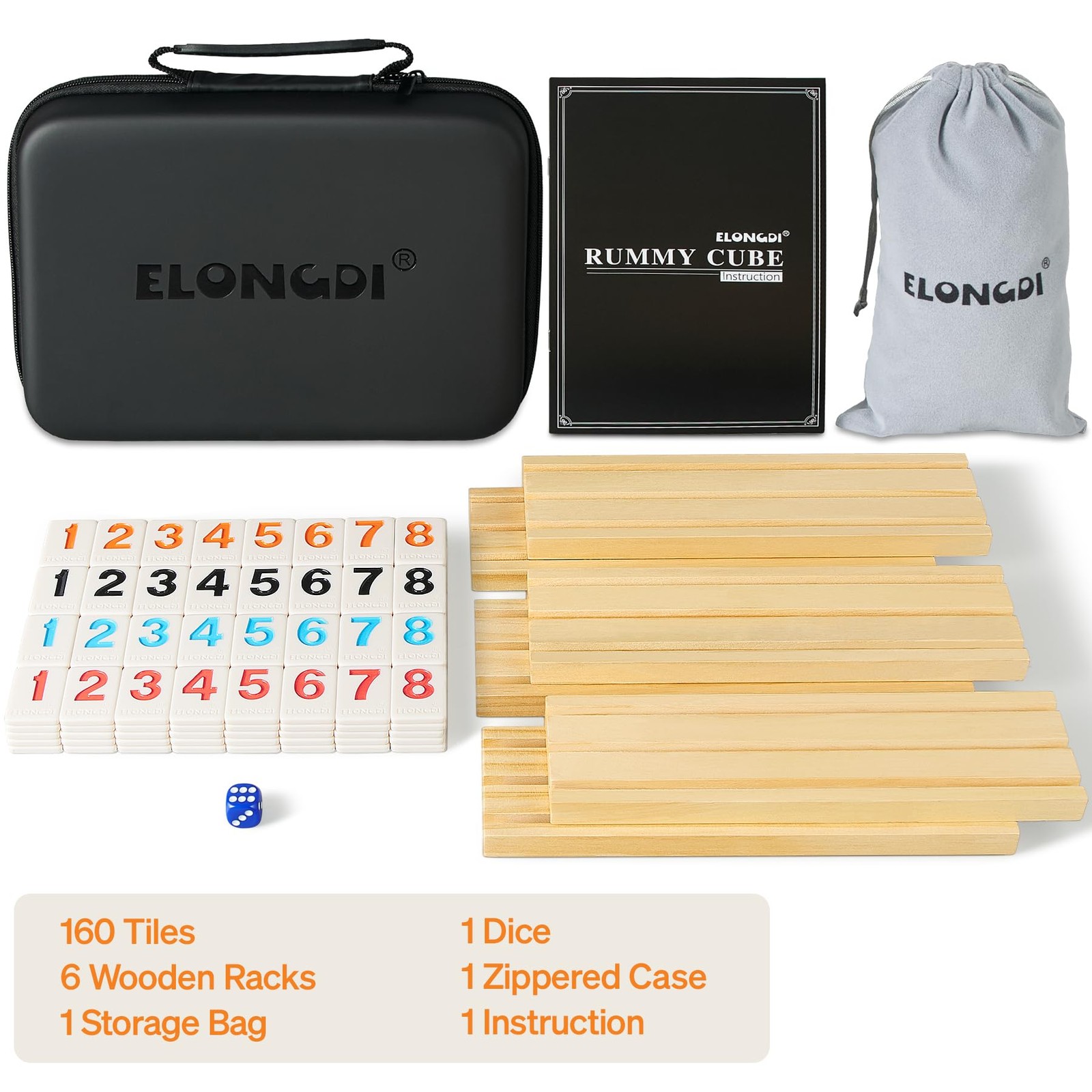 ELONGDI Rummy Cube Large Numbers Edition, Blue and White, Black, Natural Wood