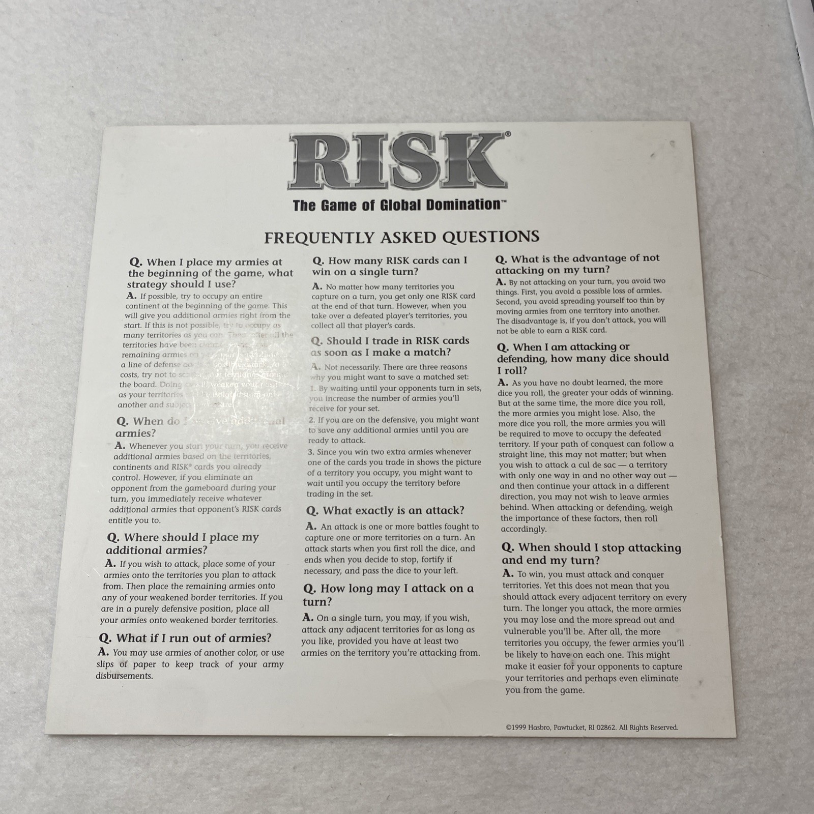Risk The Game Of Global Domination Game Board Instructions Vintage 1998 Parts