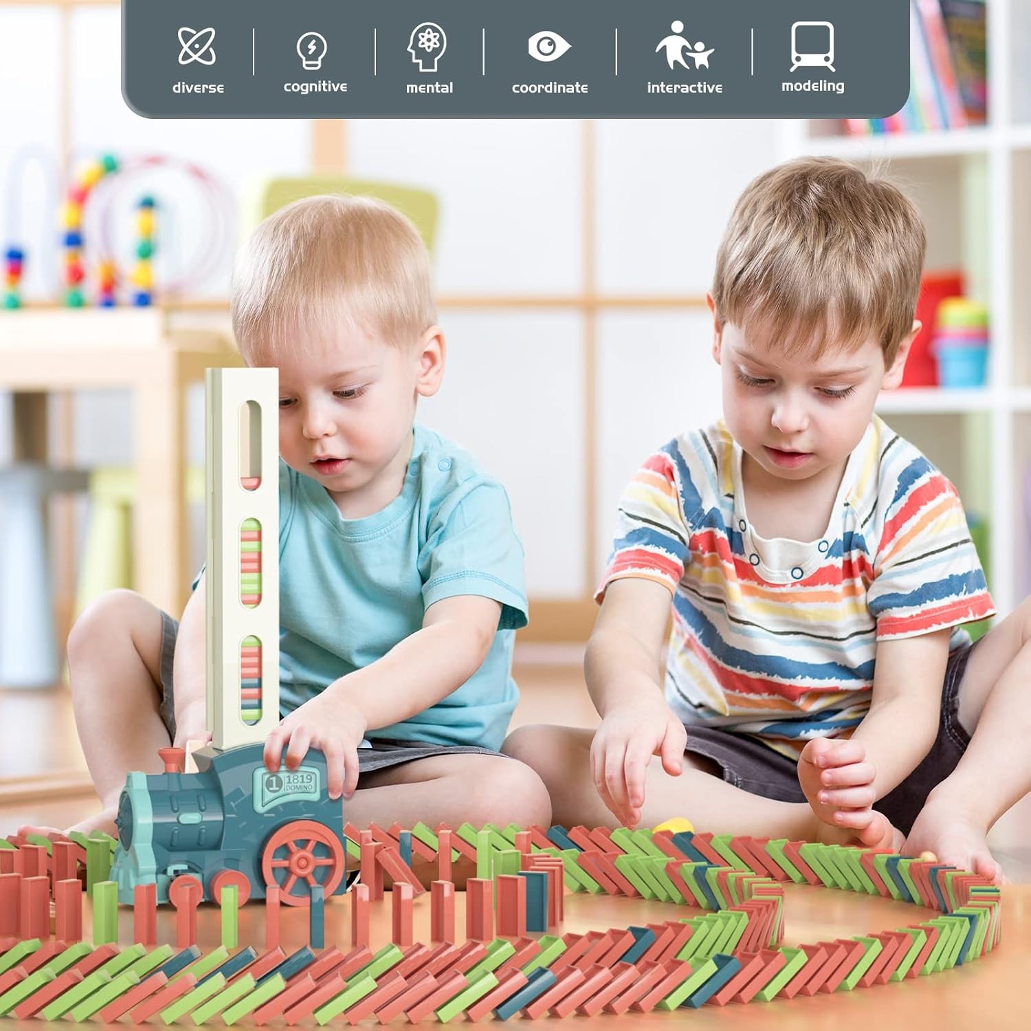 Domino Train Toys Kids Games – Automatic Stacking Creative Game Morandi Blue