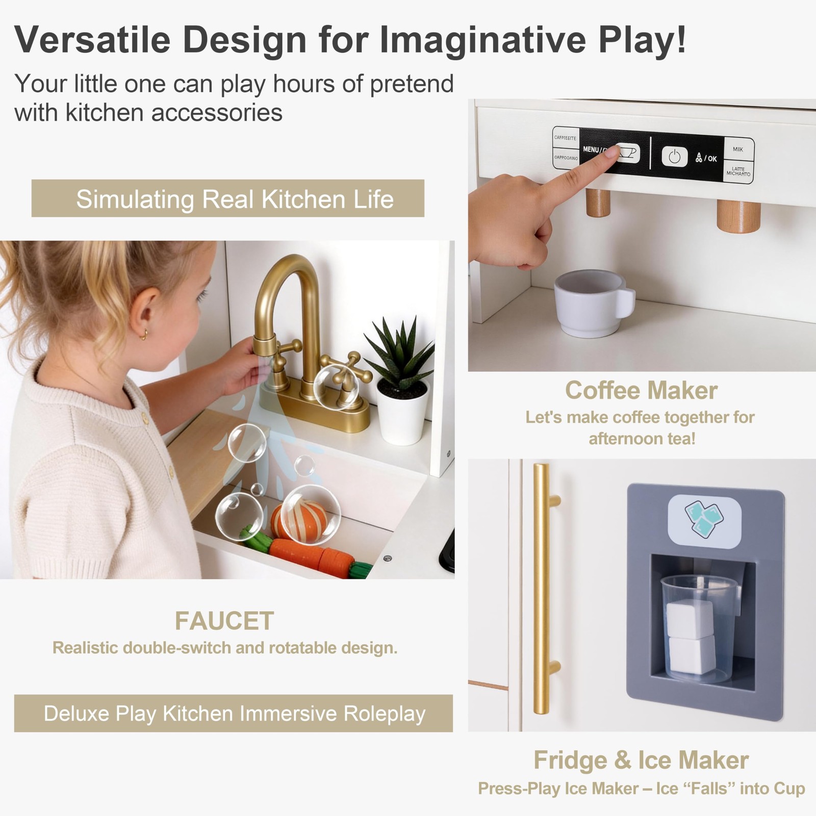 Kids Kitchen Playset Wooden Realistic Lights Sounds 19 Accessories Warm White