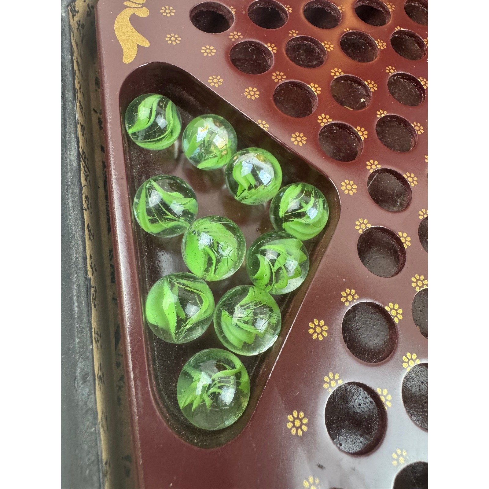 VTG Chinese Checkers Wood Box Set Dragon Phoenix Glass Marbles Some missing