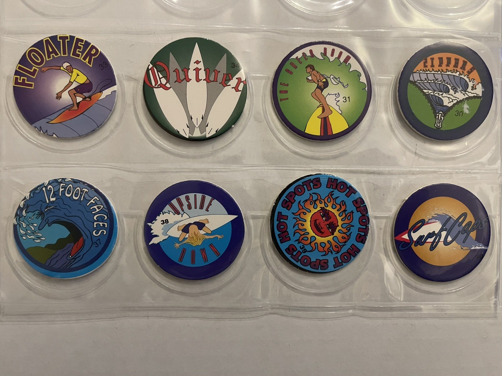 Vintage 90s Pog Milk Caps Lot of 28 SURF THEME Collectible Game + 2 Pages