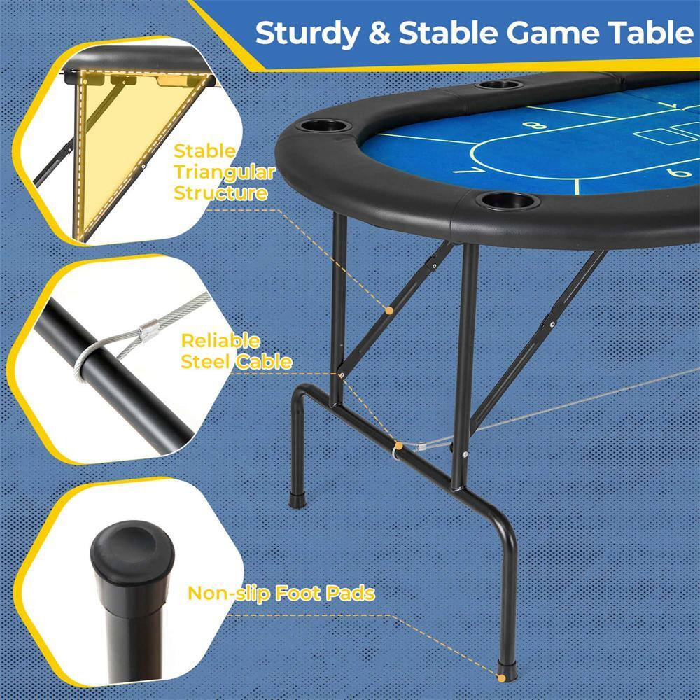 8 Players Card Board Game Table with 8 Cup Holders Casino-Grade Felt Surface Blu