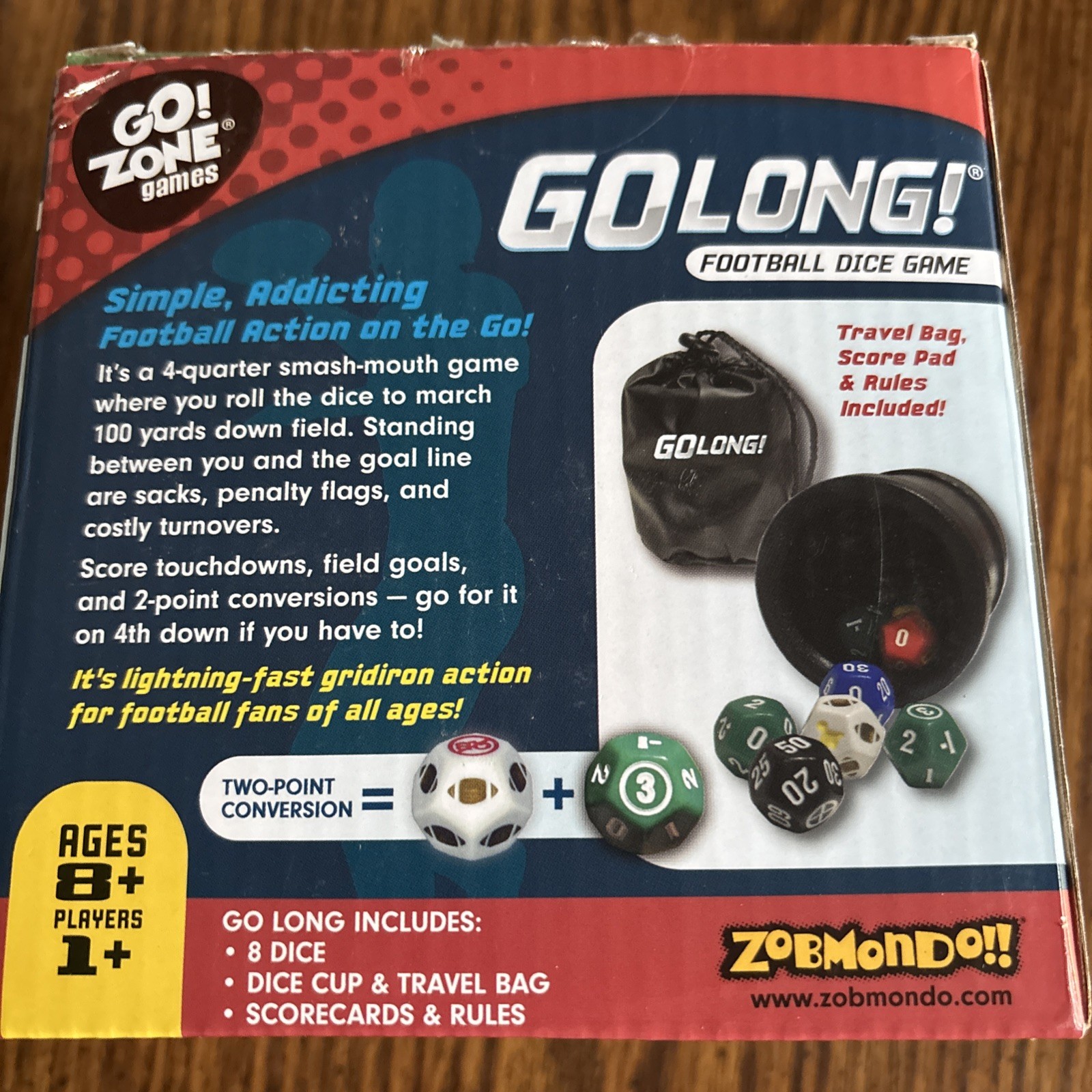 Zobmondo GO LONG Football Dice Game Complete -w/Instructions Ages 8+ LN