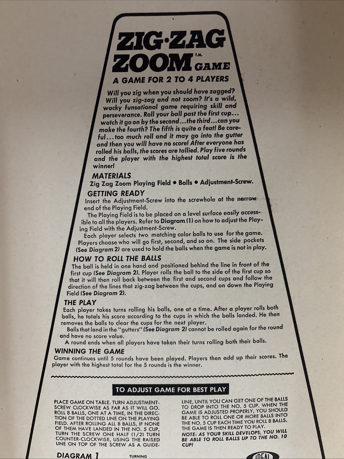 Zig Zag Zoom Game By Ideal Vintage EUC Skill/Action Game 1970, Complete