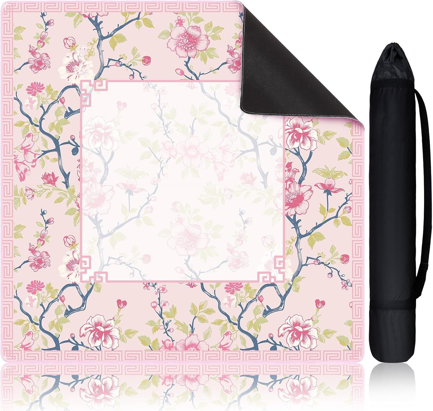 Chinoiserie Mahjong Mat with 1 Carrying Bag 31.5 x 31.5 Pink and White Rubber An