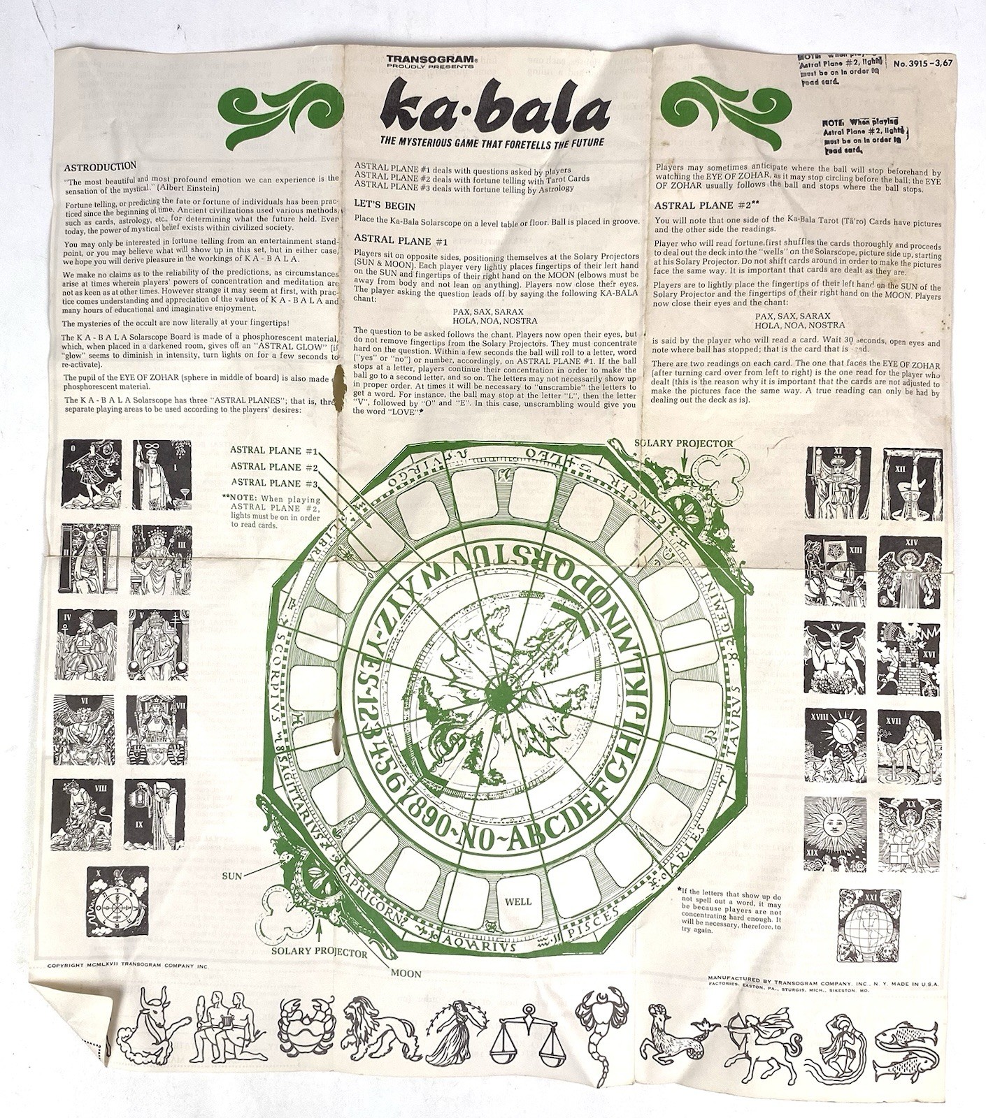 RARE Vintage TRANSOGRAM Ka-Bala Fortune Tarot Board Game 1967 Incomplete