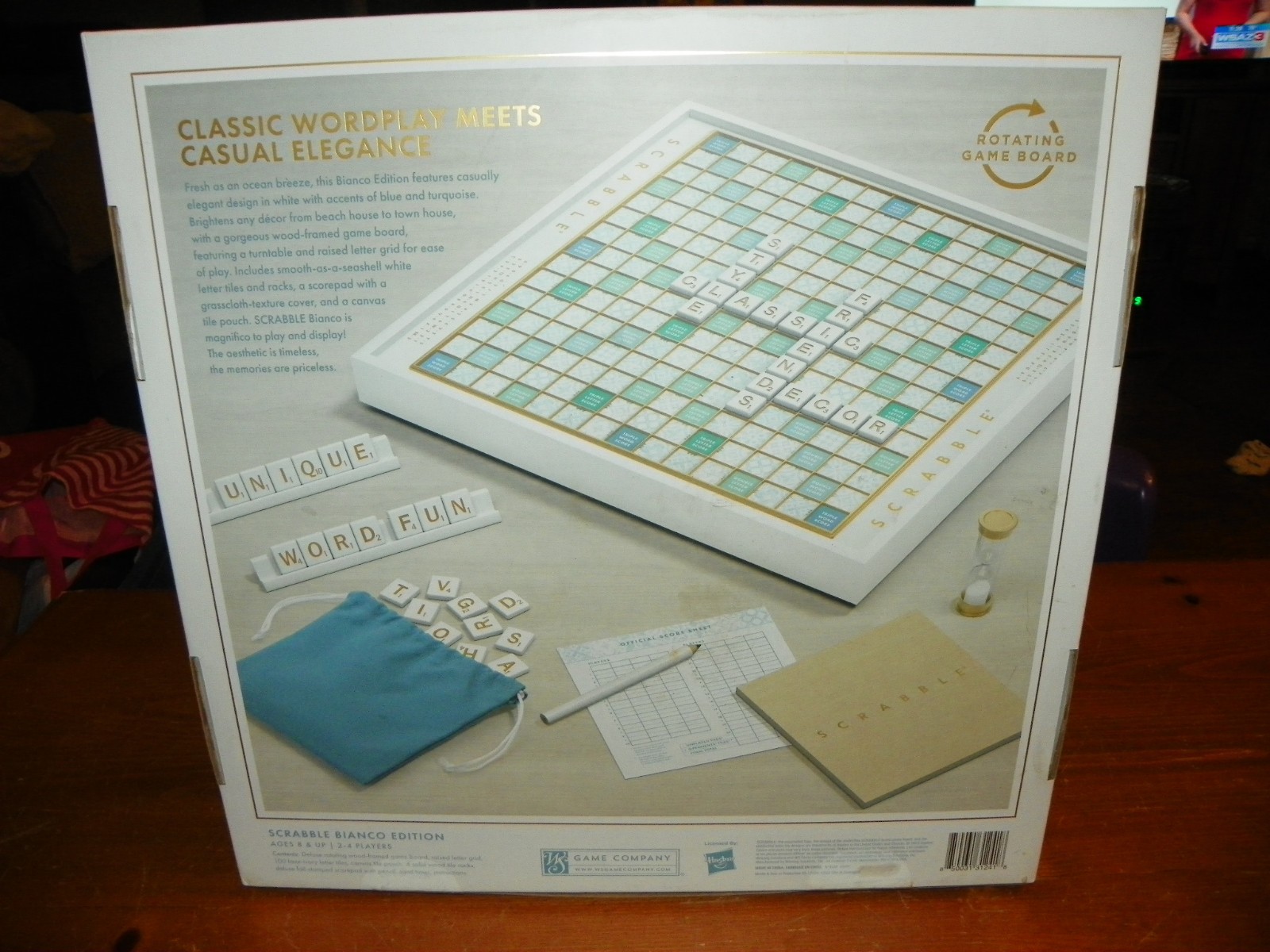 WS Game Company Scrabble Bianco Edition with Rotating Wooden Game Board NEW