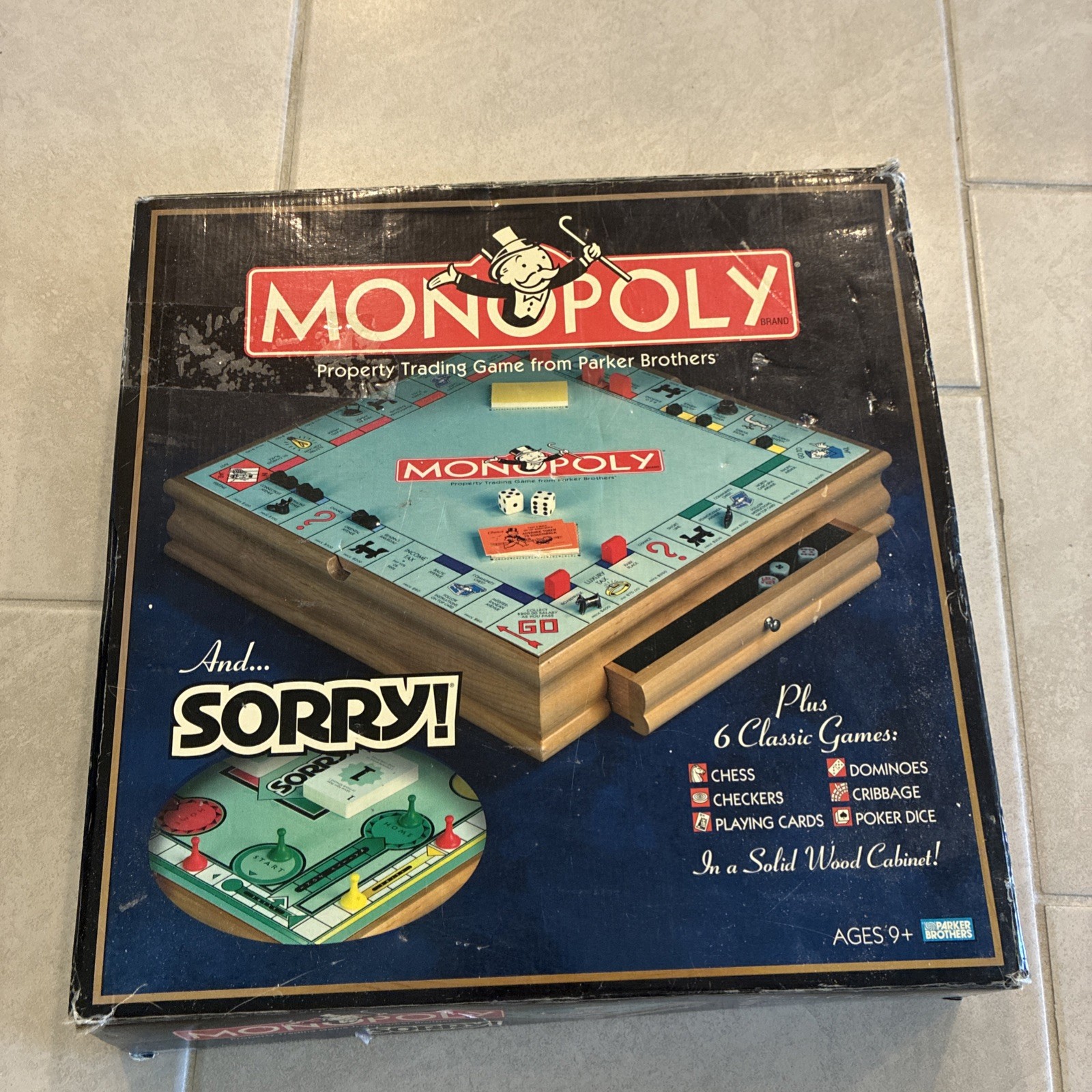 2003 Wood Case Monopoly/Sorry/Cribbage/Checkers/Chess/Cards/Poker Dice Read
