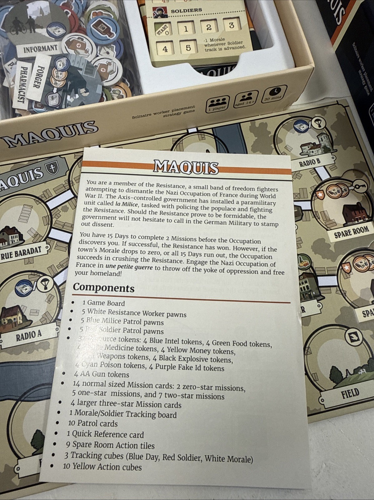 Maquis Solo Board Game by Jake Staines – Side Room Games 2019 – Gently Used