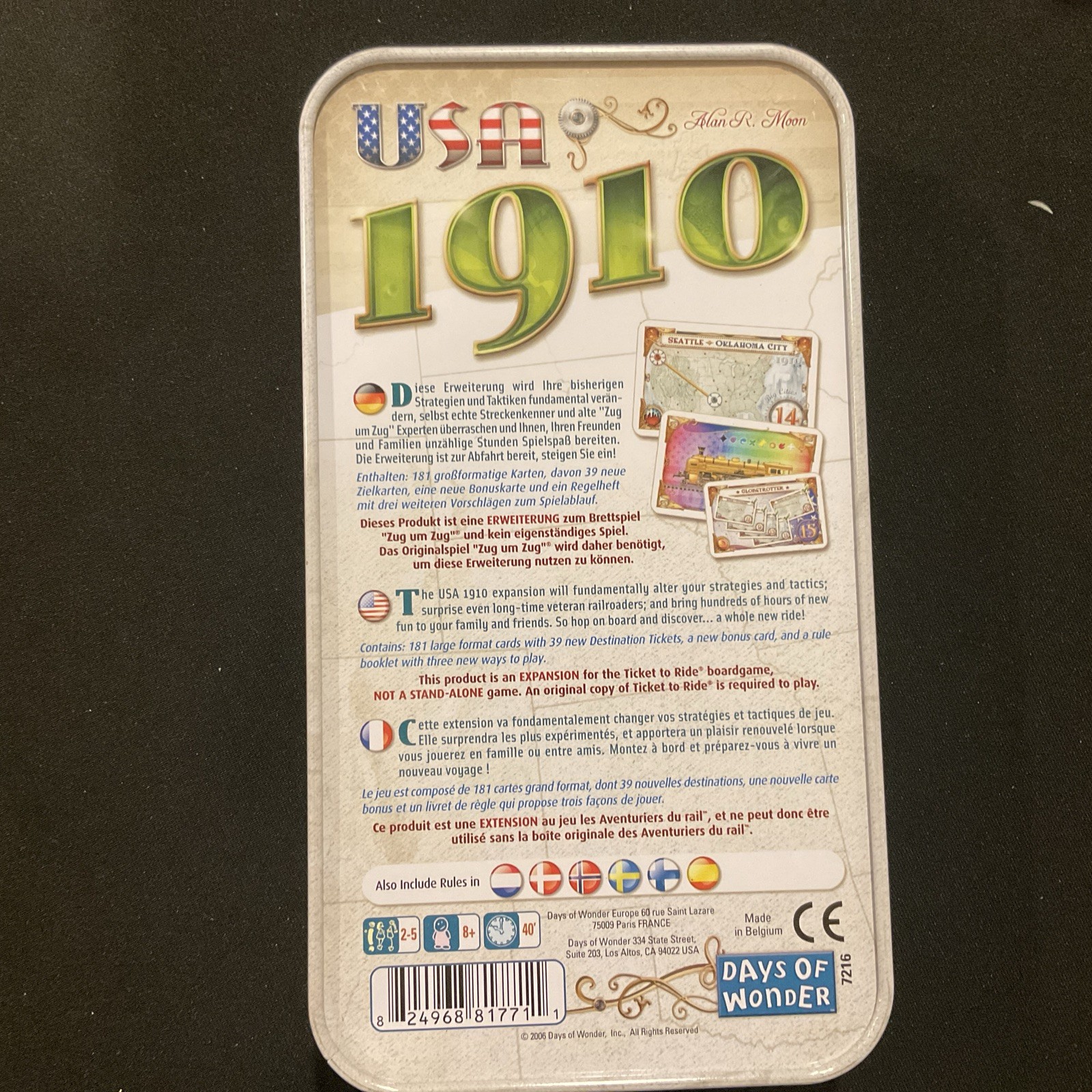 USA 1910 Zug Um Zug Ticket to Ride Expansion Pack Collectors Tin – Alan R. Moon