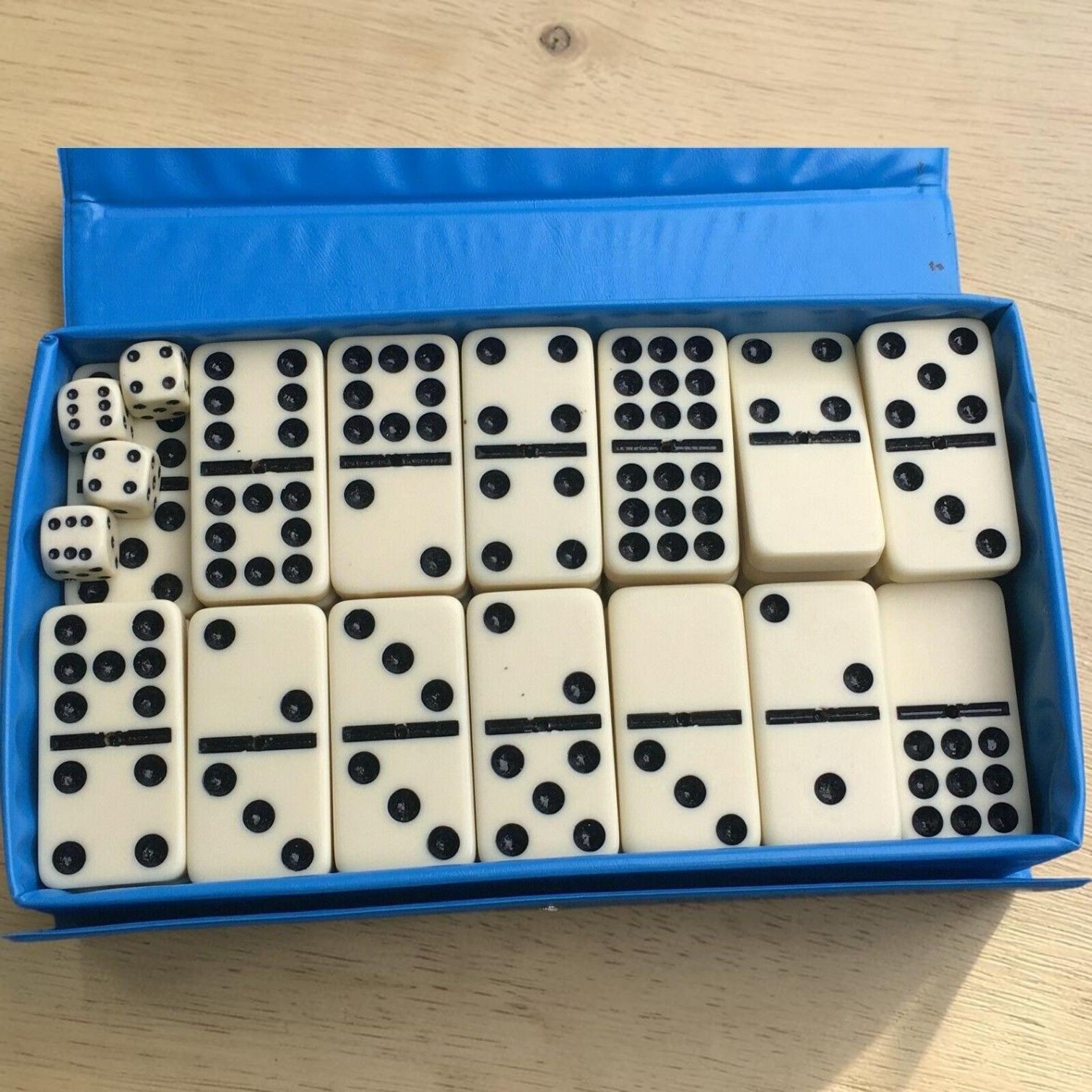 Vintage Supreme Double Six 26 Dominoes With Dice Set In Blue Vinyl Case