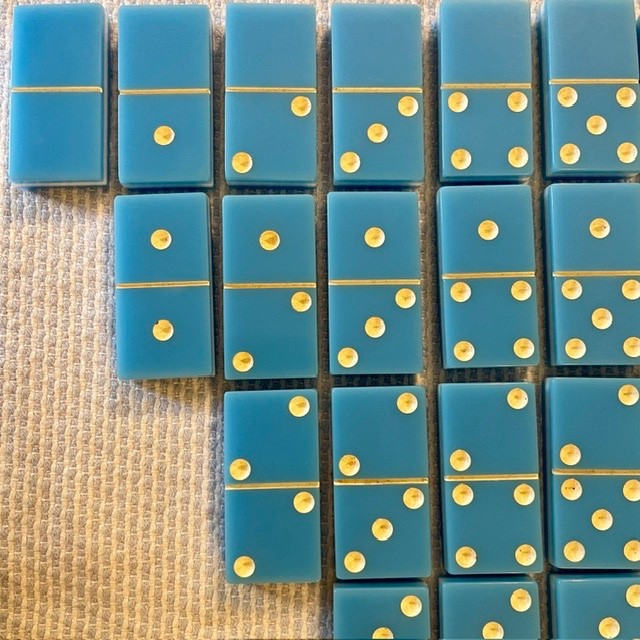 Vintage Two-Tone Blue and White Double Six Dominoes Complete 28 Set Wood Box