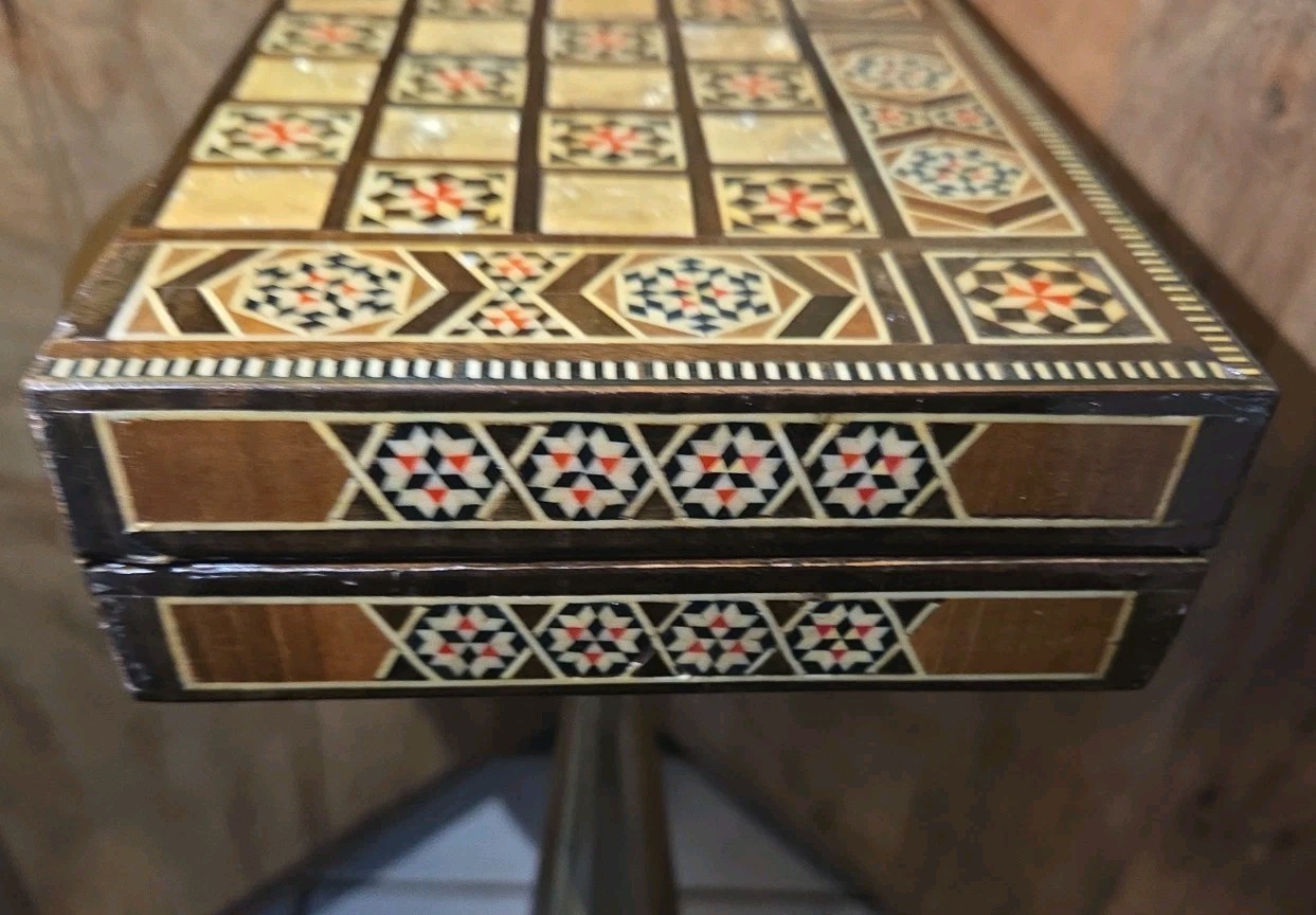 Vintage Mosaic Inlay Chess Backgammon Set Handcrafted Wood Marquetry Game Box