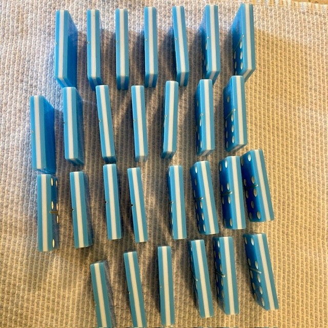 Vintage Two-Tone Blue and White Double Six Dominoes Complete 28 Set Wood Box