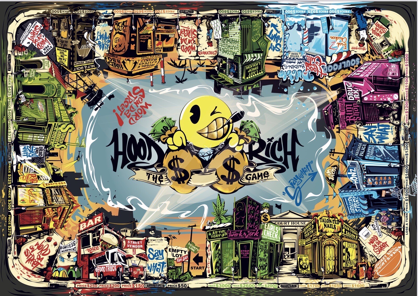 board game (HoodRichTheGame) 2-8 Players, Dice, Cards And Characters.