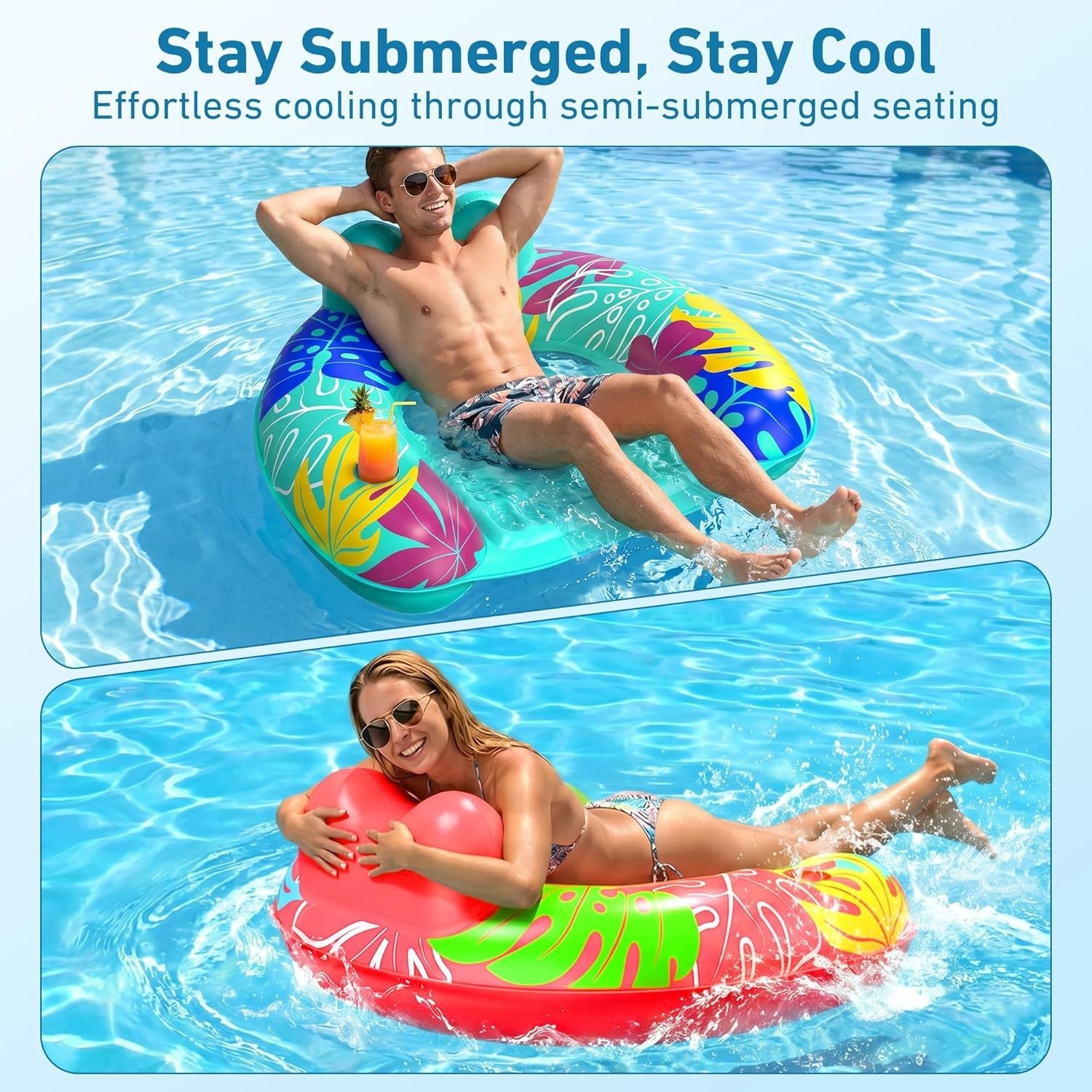 Pool Float Chair 3 Pack Inflatable Cup Holder Blue Green Pink Floats Adult Lake