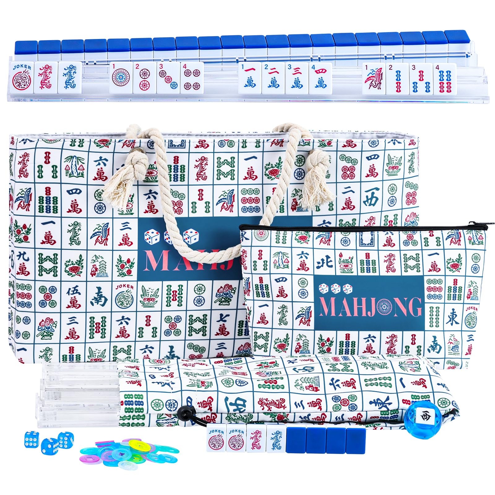 Majolicia American Mahjong Set: 166 Dark Blue Tiles, 4 Clear Racks with Pushe…