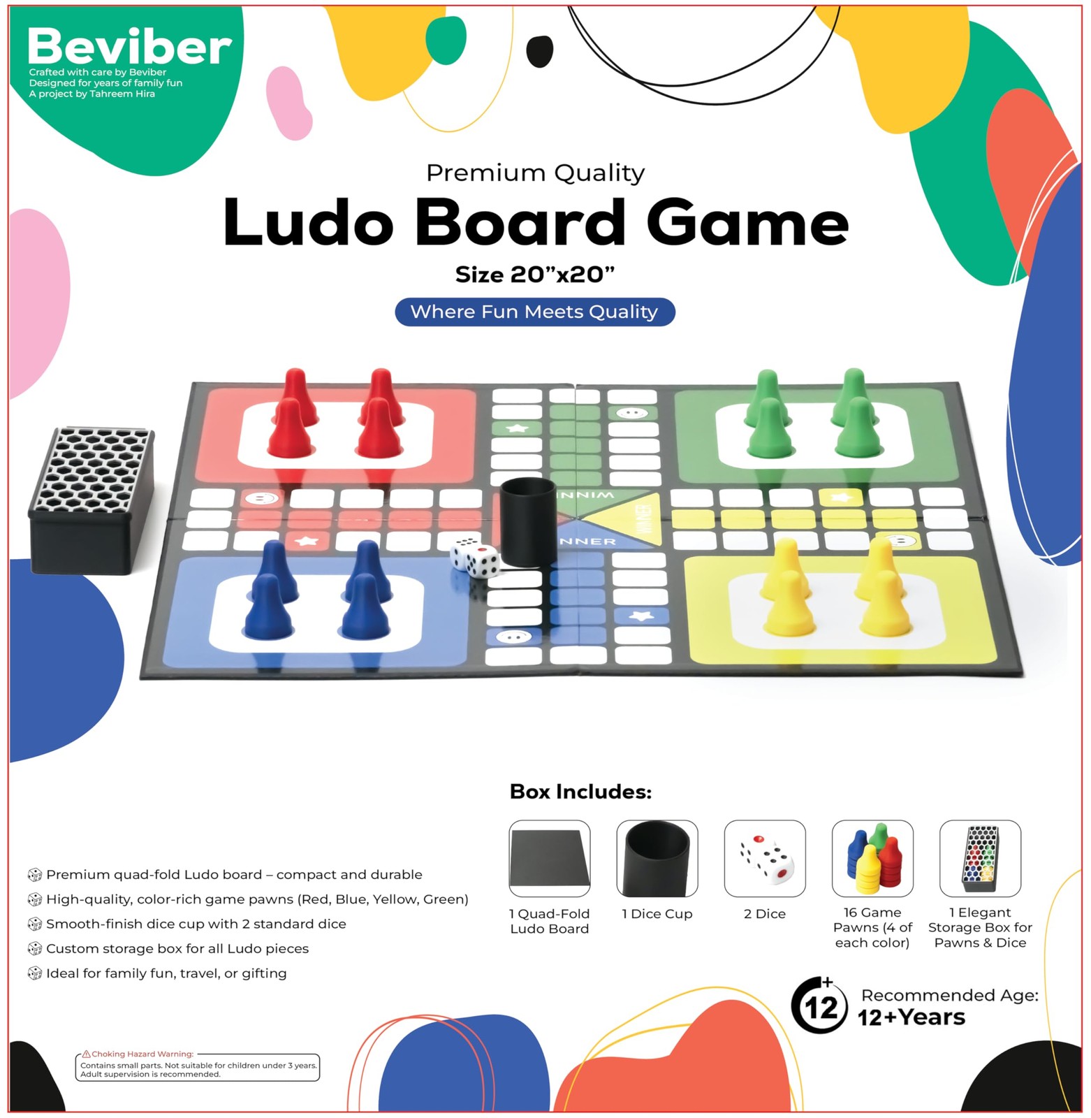 Premium Ludo Board Game Set – 20″x20″ Quad-Fold Game Board with 16 Colorful P…