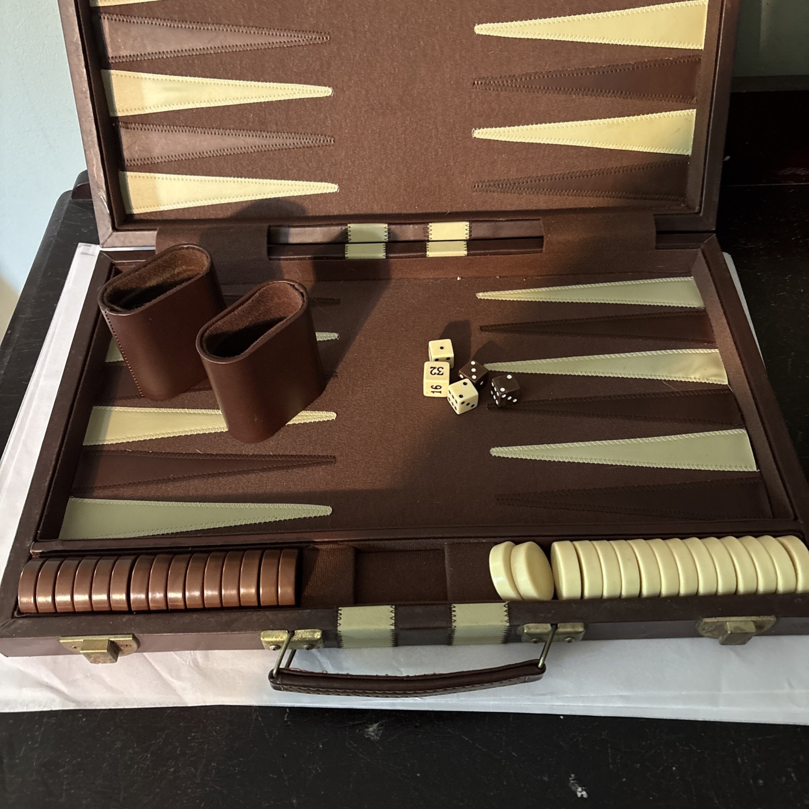 Vintage Backgammon Game Set Faux Leather Brown Case 15×10 NOT Complete Travel