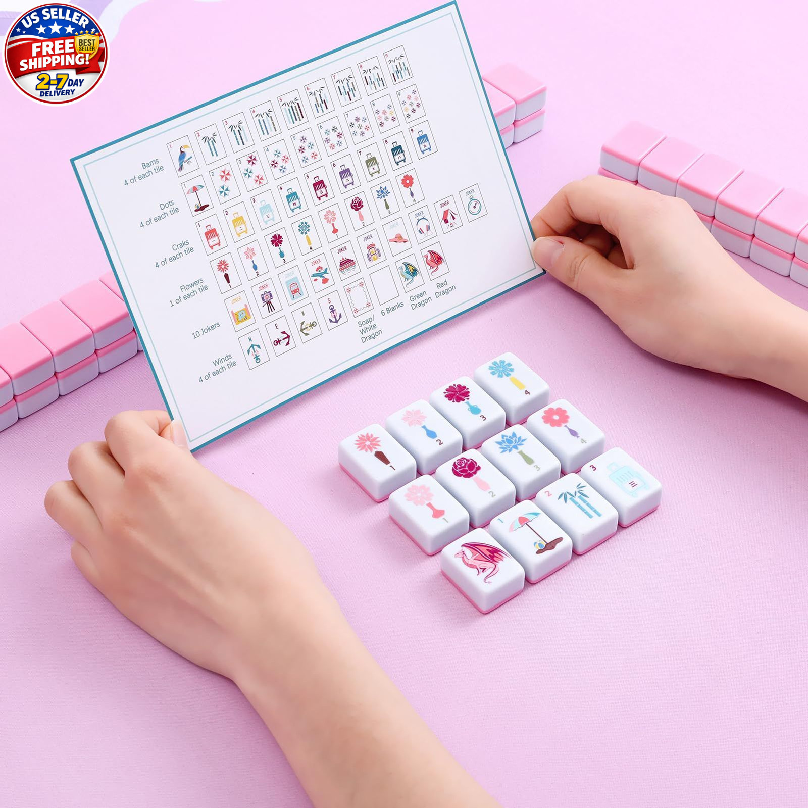 160 Pink American Printed Mahjong Game Set with Carrying Bag And Accessories 1.2