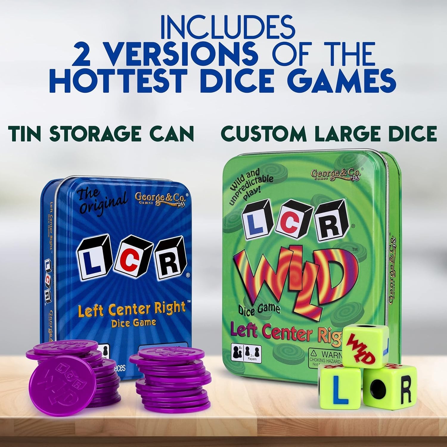 LCR Left Right Center in Blue & Dice Game in Green Tin Gift Set Bundle – 2 Pack