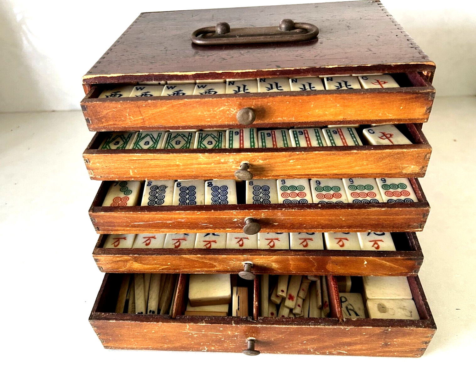 Vintage Mahjong Tiles (157) Dovetail Bamboo/Oxen/Bovine Bone in Wood Box