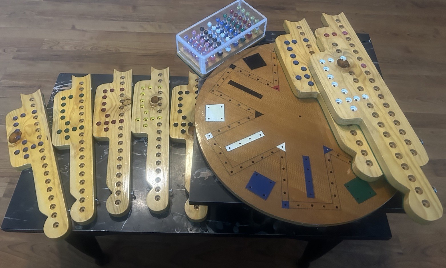 Beautiful Vintage Handmade Wooden Aggravation Fast Track Game Board & Pegs