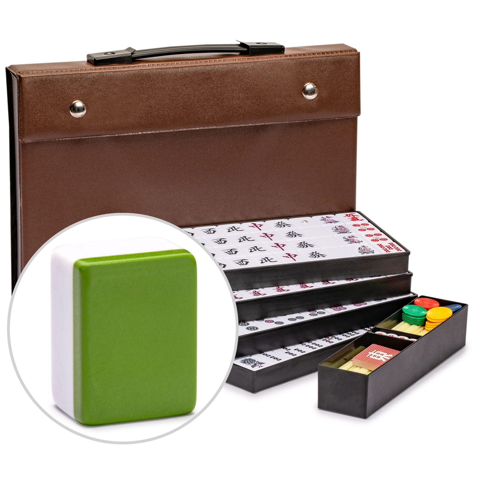 Yellow Mountain Imports Japanese Riichi Mahjong Set – Large White and Green T…
